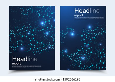 Scientific brochure design template. Vector flyer layout, Molecular structure with connected lines and dots. Scientific pattern atom DNA with elements for magazine, leaflet, cover, poster design.