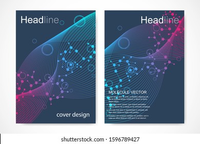 Scientific brochure design template. Vector flyer layout, Molecular structure with connected lines and dots. Scientific pattern atom DNA with elements for magazine, leaflet, cover, poster design.
