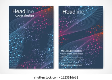 Scientific brochure design template. Vector flyer layout, Molecular structure with connected lines and dots. Scientific pattern atom DNA with elements for magazine, leaflet, cover, poster design.
