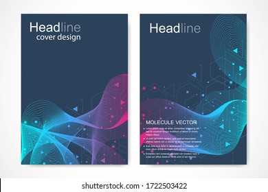 Scientific brochure design template. Vector flyer layout, Molecular structure with connected lines and dots. Scientific pattern atom DNA with elements for magazine, leaflet, cover, poster design.