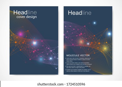 Plantilla de diseño de folletos científicos. Diseño de volante vectorial, estructura molecular con líneas y puntos conectados. Patrón científico ADN de átomo con elementos para revista, folleto, portada, diseño de afiches.