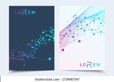 Plantilla de diseño de folletos científicos. Diseño de volante vectorial, estructura molecular con líneas y puntos conectados. Patrón científico ADN de átomo con elementos para revista, folleto, portada, diseño de afiches.