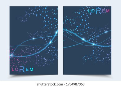 Plantilla de diseño de folletos científicos. Diseño de volante vectorial, estructura molecular con líneas y puntos conectados. Patrón científico ADN de átomo con elementos para revista, folleto, portada, diseño de afiches.