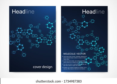 Scientific brochure design template. Vector flyer layout, Molecular structure with connected lines and dots. Scientific pattern atom DNA with elements for magazine, leaflet, cover, poster design.