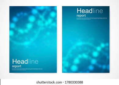 Vorlage für die wissenschaftliche Broschüre. Vektorfliegerlayout, Molekularstruktur mit verbundenen Linien und Punkten. Wissenschaftliche Muster-DNA aus Atomen mit Elementen für Magazin, Broschüre, Deckel, Plakatdesign.