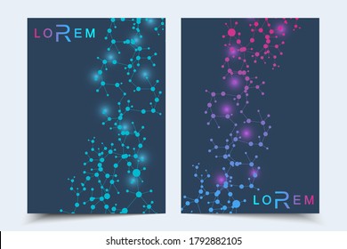 Scientific brochure design template. Vector flyer layout, Molecular structure with connected lines and dots. Scientific pattern atom DNA with elements for magazine, leaflet, cover, poster design.