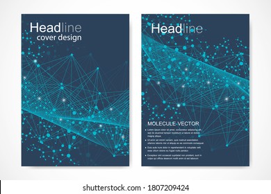 Vorlage für die wissenschaftliche Broschüre. Vektorfliegerlayout, Molekularstruktur mit verbundenen Linien und Punkten. Wissenschaftliche Muster-DNA aus Atomen mit Elementen für Magazin, Broschüre, Deckel, Plakatdesign.