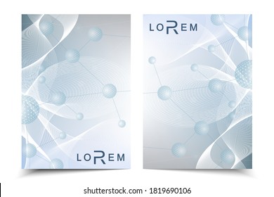 Scientific brochure design template. Vector flyer layout, Molecular structure with connected lines and dots. Scientific pattern atom DNA with elements for magazine, leaflet, cover, poster design.