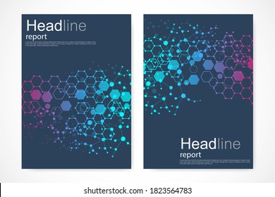 Scientific brochure design template. Vector flyer layout, Molecular structure with connected lines and dots. Scientific pattern atom DNA with elements for magazine, leaflet, cover, poster design.