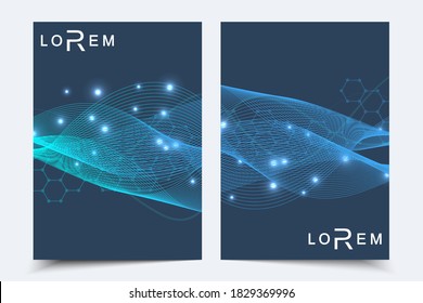 Scientific brochure design template. Vector flyer layout, Molecular structure with connected lines and dots. Scientific pattern atom DNA with elements for magazine, leaflet, cover, poster design.