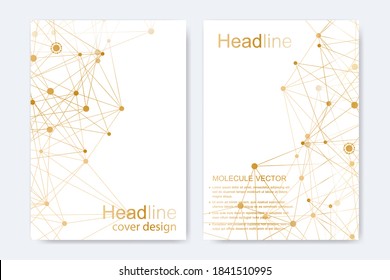 Scientific brochure design template. Vector flyer layout, Molecular structure with connected lines and dots. Scientific pattern atom DNA with elements for magazine, leaflet, cover, poster design.