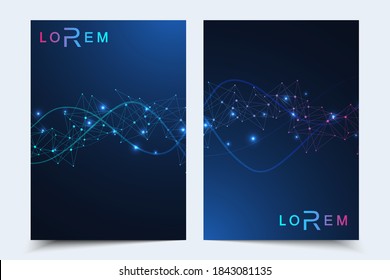 Plantilla de diseño de folletos científicos. Diseño de volante vectorial, estructura molecular con líneas y puntos conectados. Patrón científico ADN de átomo con elementos para revista, folleto, portada, diseño de afiches.