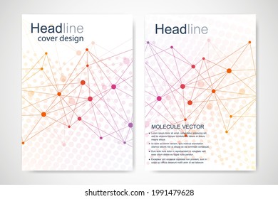 Scientific brochure design template. Vector flyer layout, Molecular structure with connected lines and dots. Scientific pattern atom DNA with elements for magazine, leaflet, cover, poster design.