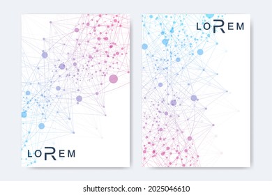 Plantilla de diseño de folletos científicos. Diseño de volante vectorial, estructura molecular con líneas y puntos conectados. Patrón científico ADN de átomo con elementos para revista, folleto, portada, diseño de afiches.