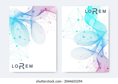 Scientific brochure design template. Vector flyer layout, Molecular structure with connected lines and dots. Scientific pattern atom DNA with elements for magazine, leaflet, cover, poster design.