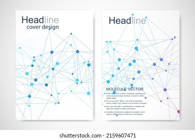 Scientific brochure design template. Vector flyer layout, Molecular structure with connected lines and dots. Scientific pattern atom DNA with elements for magazine, leaflet, cover, poster design.