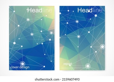 Scientific brochure design template. Vector flyer layout, Molecular structure with connected lines and dots. Scientific pattern atom DNA with elements for magazine, leaflet, cover, poster design.
