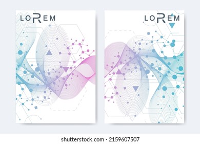 Scientific brochure design template. Vector flyer layout, Molecular structure with connected lines and dots. Scientific pattern atom DNA with elements for magazine, leaflet, cover, poster design.
