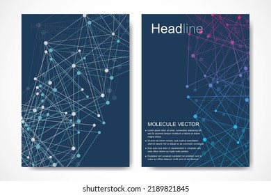 Scientific brochure design template. Vector flyer layout, Molecular structure with connected lines and dots. Scientific pattern atom DNA with elements for magazine, leaflet, cover, poster design.