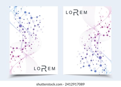 Scientific brochure design template. Vector flyer layout, Molecular structure with connected lines and dots. Scientific pattern atom DNA with elements for magazine, leaflet, cover, poster design