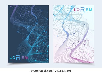 Plantilla de diseño de folletos científicos. Diseño de volante vectorial, estructura molecular con líneas y puntos conectados. Patrón científico ADN de átomo con elementos para revista, folleto, portada, diseño de afiches