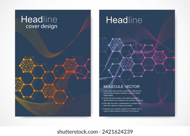 Vorlage für die wissenschaftliche Broschüre. Vektorfliegerlayout, Molekularstruktur mit verbundenen Linien und Punkten. Wissenschaftliche Muster-DNA aus Atomen mit Elementen aus Magazin, Broschüre, Deckel, Plakatdesign