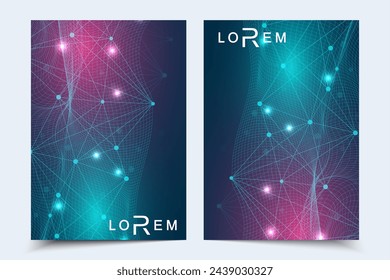 Plantilla de diseño de folleto científico. Diseño de volante vectorial, estructura molecular con líneas y puntos conectados. Patrón científico del ADN del átomo con elementos para revista, folleto, portada, diseño de póster