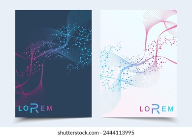 Scientific brochure design template. Vector flyer layout, Molecular structure with connected lines and dots. Scientific pattern atom DNA with elements for magazine, leaflet, cover, poster design