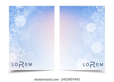 Scientific brochure design template. Vector flyer layout, Molecular structure with connected lines and dots. Scientific pattern atom DNA with elements for magazine, leaflet, cover, poster design