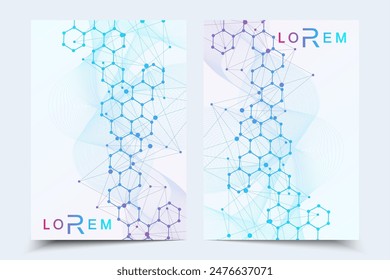 Scientific brochure design template. Vector flyer layout, Molecular structure with connected lines and dots. Scientific pattern atom DNA with elements for magazine, leaflet, cover, poster design