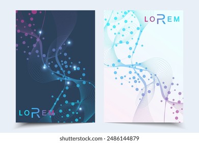 Scientific brochure design template. Vector flyer layout, Molecular structure with connected lines and dots. Scientific pattern atom DNA with elements for magazine, leaflet, cover, poster design