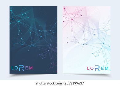 Scientific brochure design template. Vector flyer layout, Molecular structure with connected lines and dots. Scientific pattern atom DNA with elements for magazine, leaflet, cover, poster design