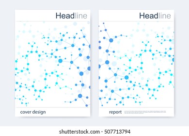 Scientific brochure design template. Vector flyer layout, Molecular structure with connected lines and dots. Pattern atom DNA with elements for magazine, leaflet, cover, poster design
