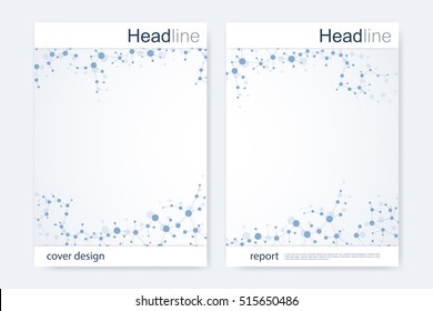 Scientific brochure design template. Vector flyer layout, Molecular structure with connected lines and dots. Scientific pattern atom DNA with elements for magazine, leaflet, cover, poster design