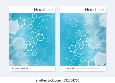 Scientific brochure design template. Vector flyer layout, Molecular structure with connected lines and dots. Scientific pattern atom DNA with elements for magazine, leaflet, cover, poster design.