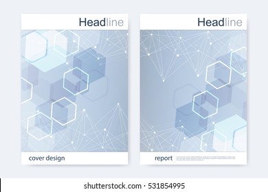 Scientific brochure design template. Vector flyer layout, Molecular structure with connected lines and dots. Scientific pattern atom DNA with elements for magazine, leaflet, cover, poster design.