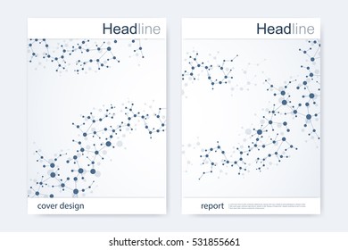 Scientific brochure design template. Vector flyer layout, Molecular structure with connected lines and dots. Scientific pattern atom DNA with elements for magazine, leaflet, cover, poster design