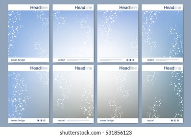 Scientific brochure design template. Vector flyer layout, Molecular structure with connected lines and dots. Scientific pattern atom DNA with elements for magazine, leaflet, cover, poster design