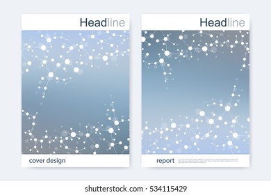 Scientific brochure design template. Vector flyer layout, Molecular structure with connected lines and dots. Scientific pattern atom DNA with elements for magazine, leaflet, cover, poster design