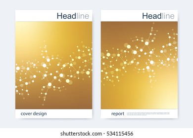 Scientific brochure design template. Vector flyer layout, Molecular structure with connected lines and dots. Scientific pattern atom DNA with elements for magazine, leaflet, cover, poster design