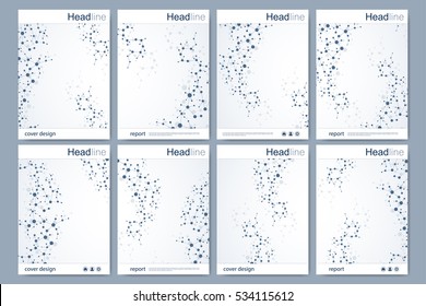 Scientific brochure design template. Vector flyer layout, Molecular structure with connected lines and dots. Scientific pattern atom DNA with elements for magazine, leaflet, cover, poster design