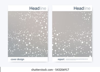 Scientific brochure design template. Vector flyer layout, Molecular structure with connected lines and dots. Scientific pattern atom DNA with elements for magazine, leaflet, cover, poster design