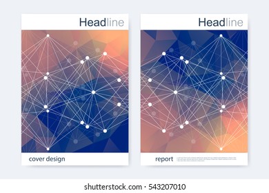 Scientific brochure design template. Vector flyer layout, Molecular structure with connected lines and dots. Scientific pattern atom DNA with elements for magazine, leaflet, cover, poster design.