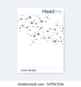Scientific brochure design template. Vector flyer layout, Molecular structure with connected lines and dots. Scientific pattern atom DNA with elements for magazine, leaflet, cover, poster design