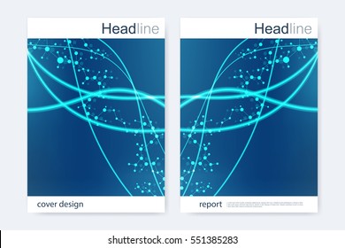 Scientific brochure design template. Vector flyer layout, Molecular structure with connected lines and dots. Scientific pattern atom DNA with elements for magazine, leaflet, cover, poster design