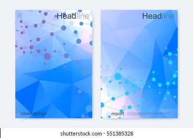 Scientific brochure design template. Vector flyer layout, Molecular structure with connected lines and dots. Scientific pattern atom DNA with elements for magazine, leaflet, cover, poster design.