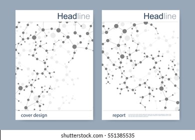 Scientific brochure design template. Vector flyer layout, Molecular structure with connected lines and dots. Scientific pattern atom DNA with elements for magazine, leaflet, cover, poster design