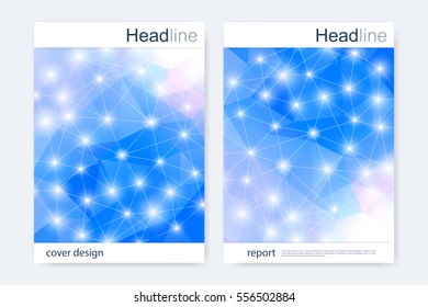 Scientific brochure design template. Vector flyer layout, Molecular structure with connected lines and dots. Scientific pattern atom DNA with elements for magazine, leaflet, cover, poster design.