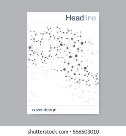 Scientific brochure design template. Vector flyer layout, Molecular structure with connected lines and dots. Scientific pattern atom DNA with elements for magazine, leaflet, cover, poster design
