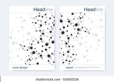 Scientific brochure design template. Vector flyer layout, Molecular structure with connected lines and dots. Scientific pattern atom DNA with elements for magazine, leaflet, cover, poster design